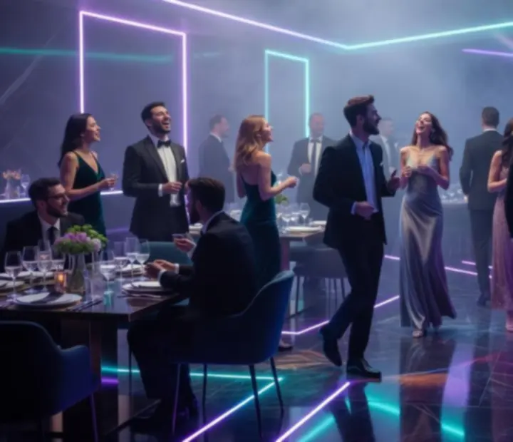 Nastrojowe oświetlenie nocnego eventu z eleganckimi gośćmi