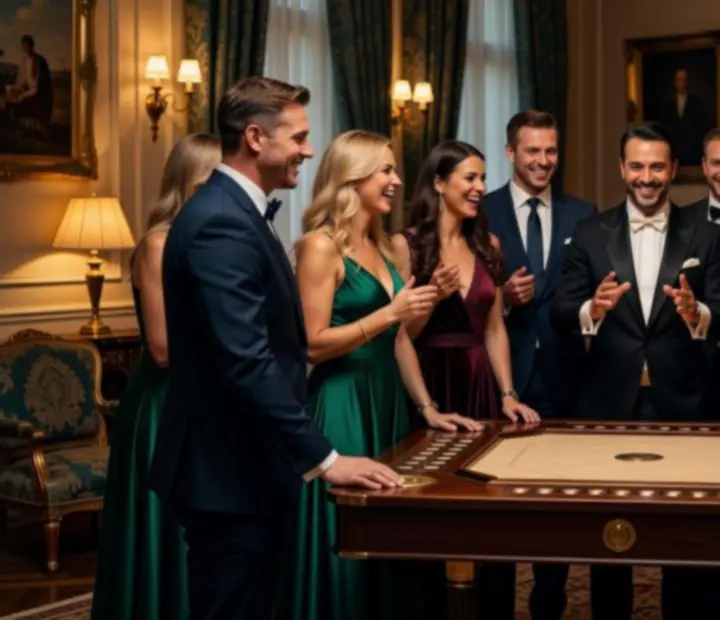 Elegancka domowa impreza z mobilnymi stołami do gier i nastrojowym oświetleniem