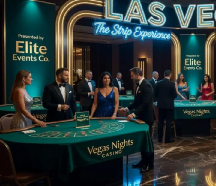 Motyw Las Vegas z neonowym oświetleniem i stołami do gier w eleganckiej sali