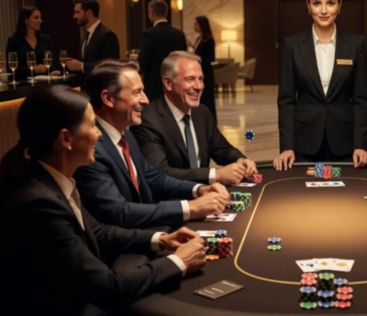 Nowoczesny stół pokerowy z kartami, żetonami i elegancko ubranymi gośćmi