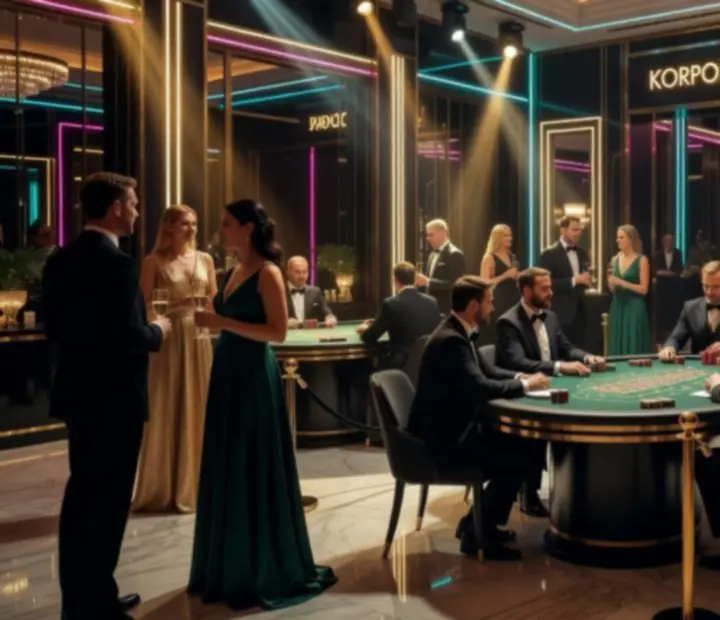 Ekskluzywna oprawa wydarzenia korporacyjnego z elegancką scenografią i stołami do gier