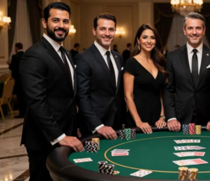 Elegancki zespół hostów i krupierów obsługujących wieczór pokerowy